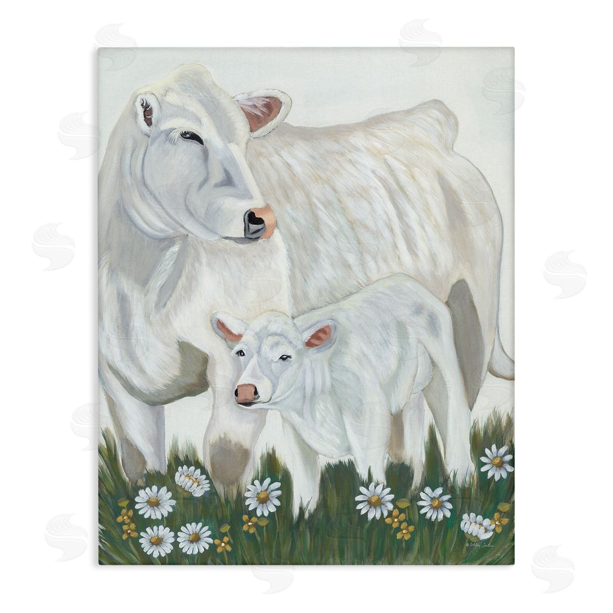 Ashley Justice White Cattle Family Mother Baby Calf Daisy Meadow Stretched Canvas Wall Art Print