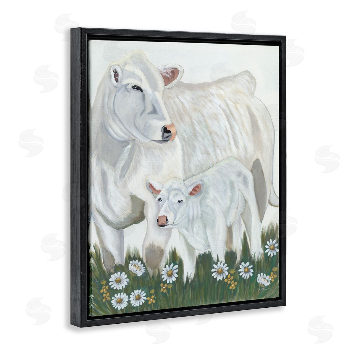 Ashley Justice White Cattle Family Mother Baby Calf Daisy Meadow Black Floating Frame Canvas Wall Art Print