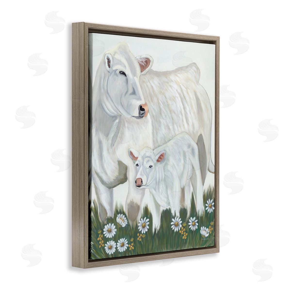 Ashley Justice White Cattle Family Mother Baby Calf Daisy Meadow Brown Floating Frame Canvas Wall Art Print