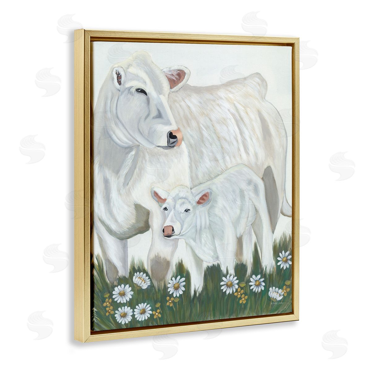 Ashley Justice White Cattle Family Mother Baby Calf Daisy Meadow Gold Floating Frame Canvas Wall Art Print