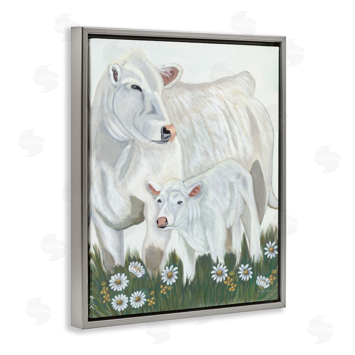 Ashley Justice White Cattle Family Mother Baby Calf Daisy Meadow Gray Floating Frame Canvas Wall Art Print