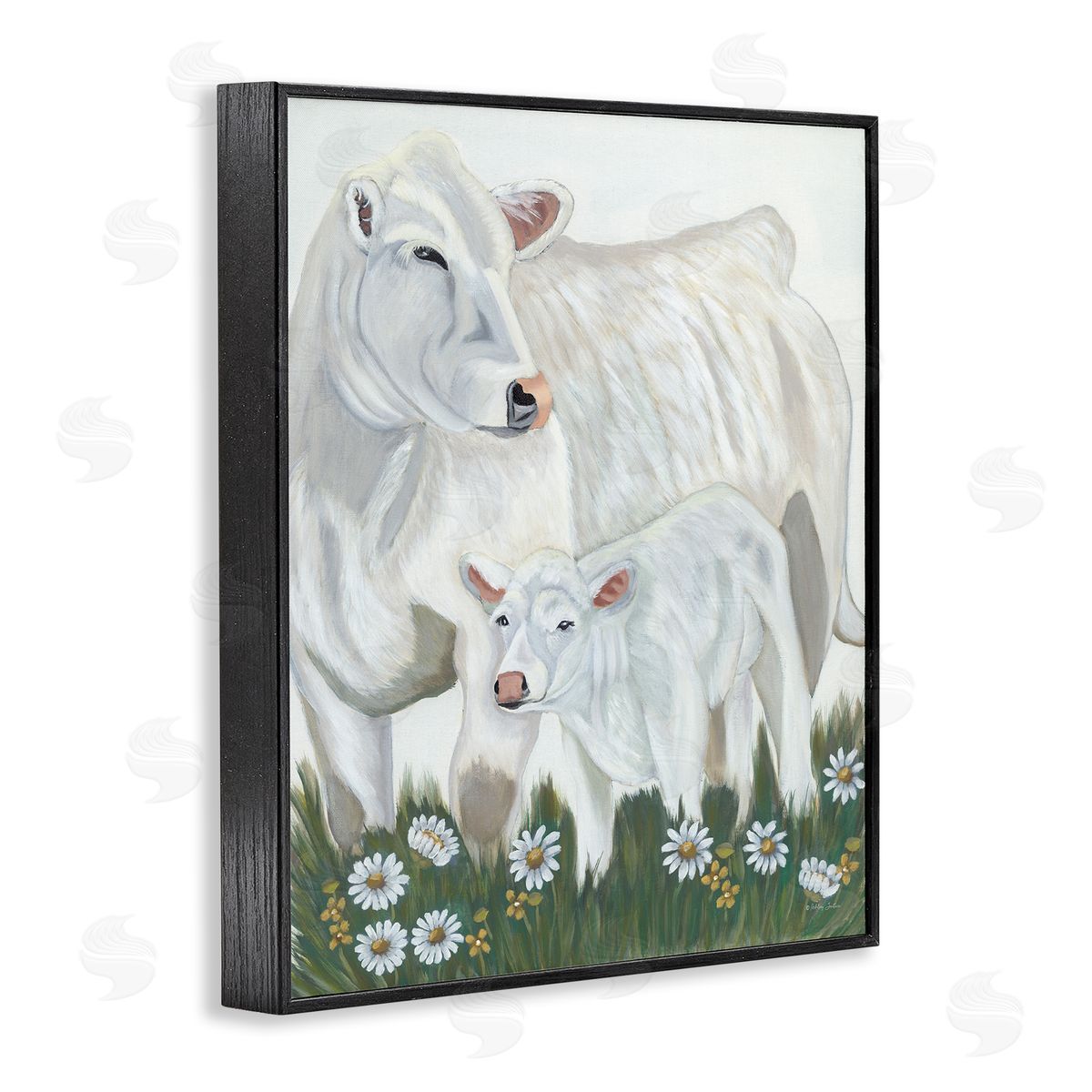 Ashley Justice White Cattle Family Mother Baby Calf Daisy Meadow Black Framed Giclee Wall Art Print