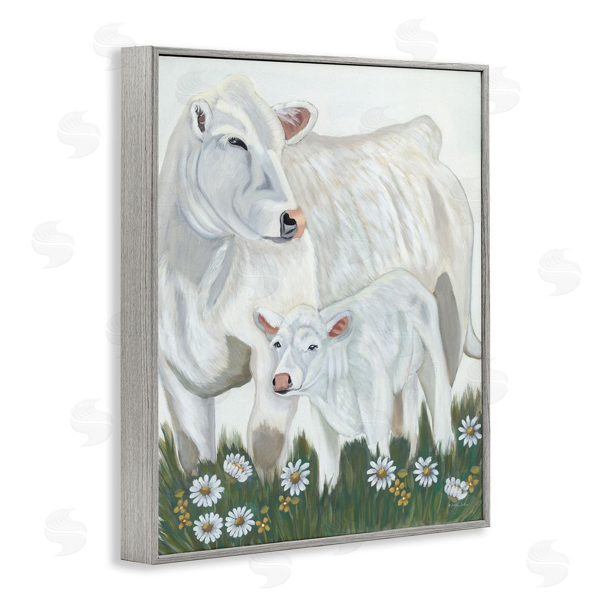 Ashley Justice White Cattle Family Mother Baby Calf Daisy Meadow Gray Framed Giclee Wall Art Print