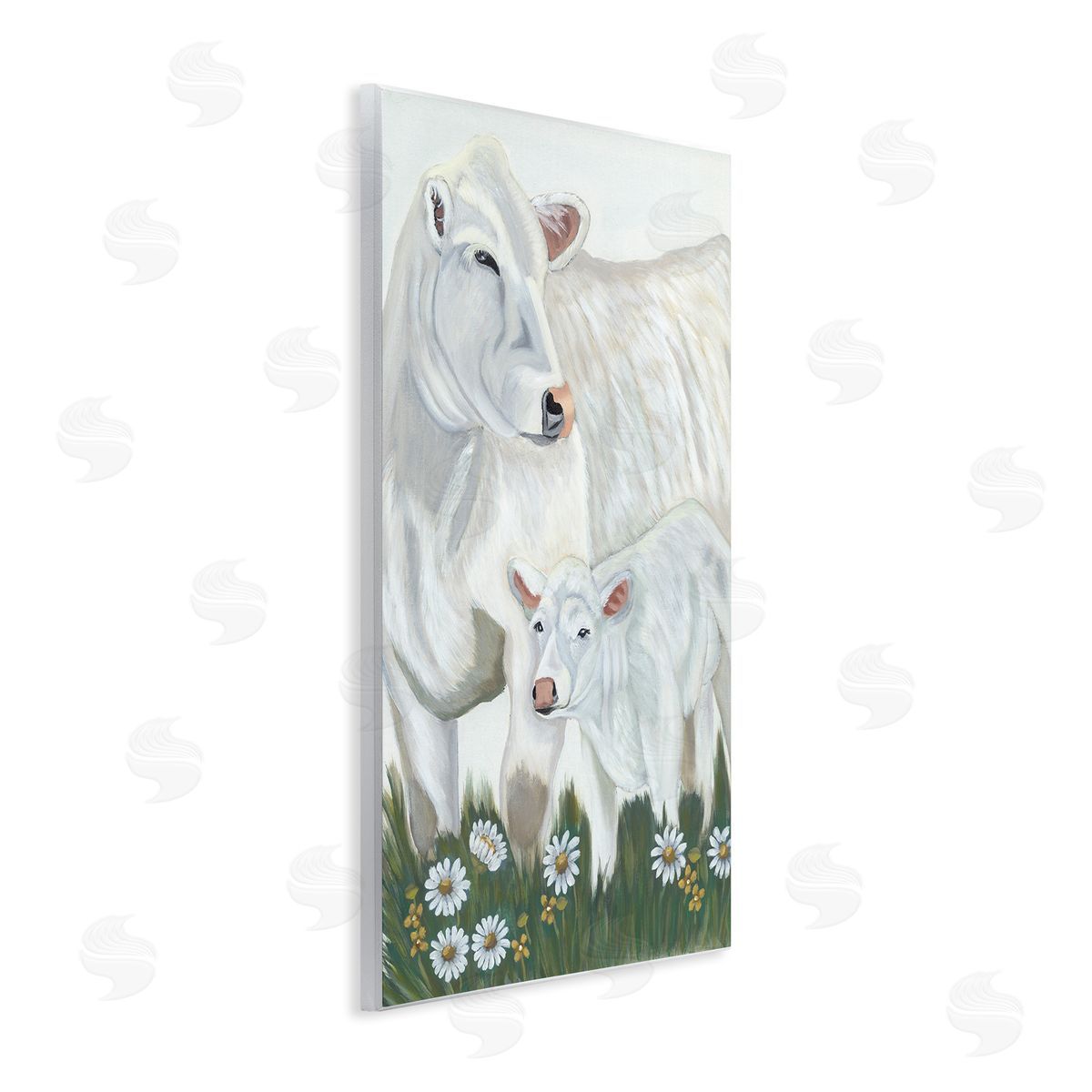 Ashley Justice White Cattle Family Mother Baby Calf Daisy Meadow Wall Plaque Art Print