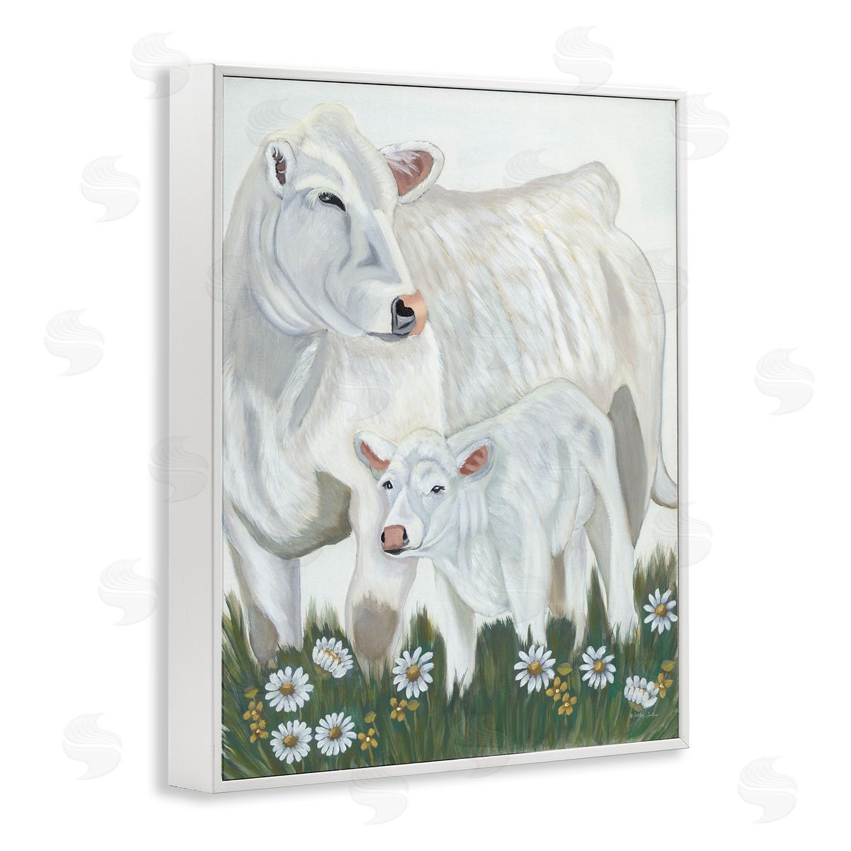 Ashley Justice White Cattle Family Mother Baby Calf Daisy Meadow White Framed Giclee Wall Art Print