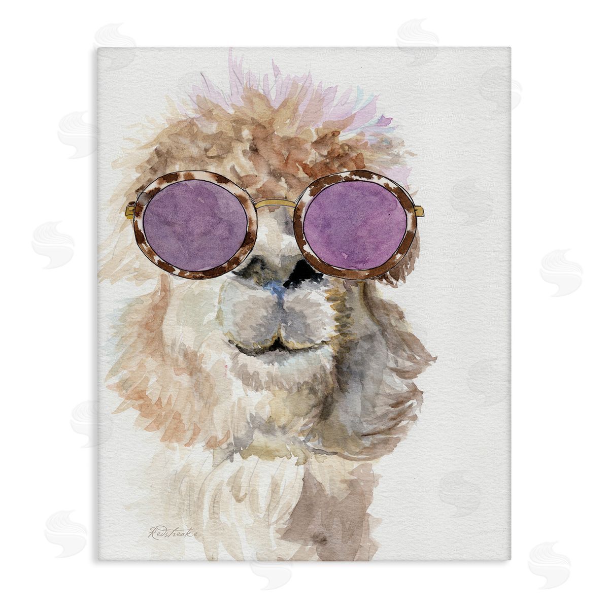 Jennifer Redstreake Fluffy Alpaca Fun Purple Glam Sunglasses Portrait Stretched Canvas Wall Art Print