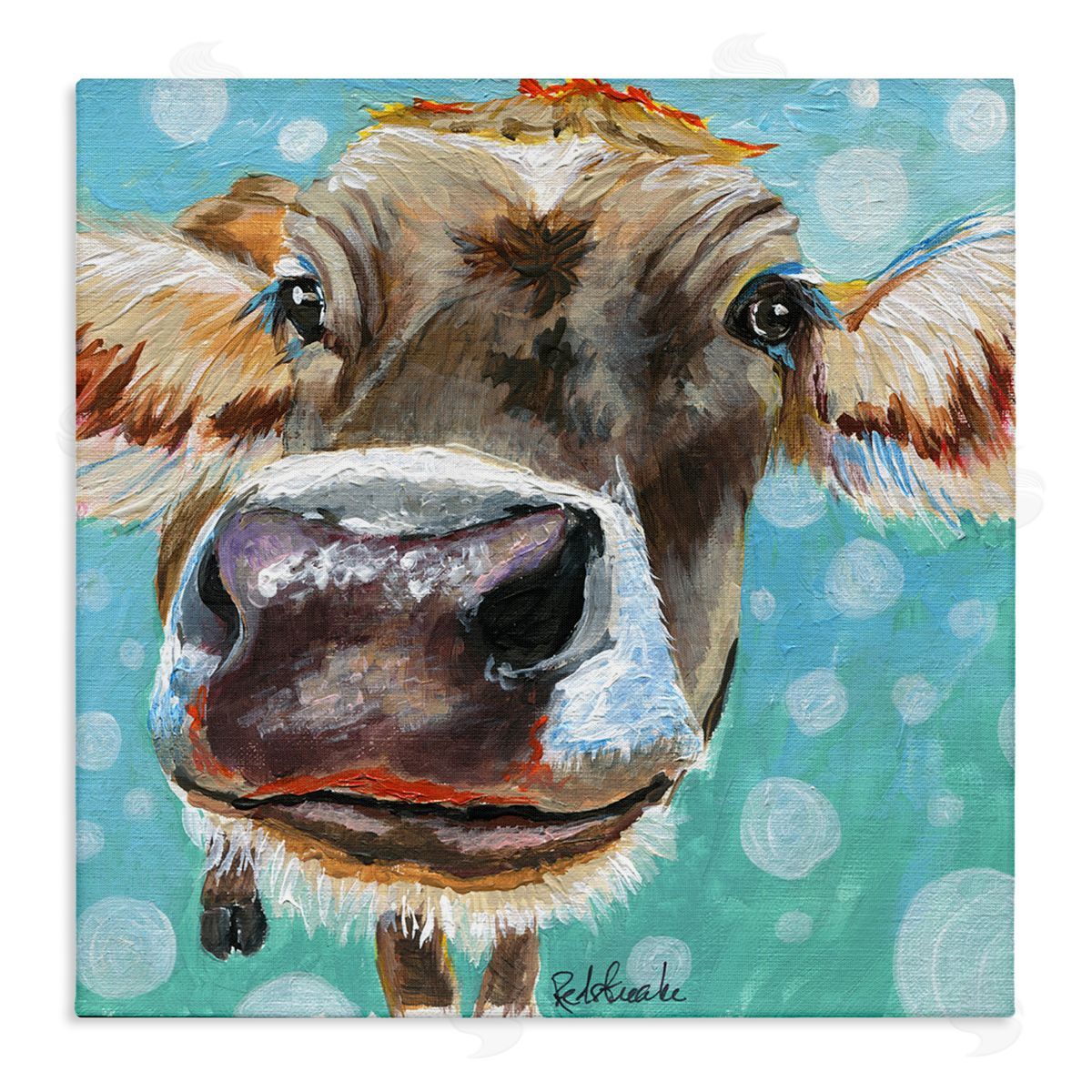 Jennifer Redstreake Bold Cow Cattle Portrait Blue Bubbles Pattern  Stretched Canvas Wall Art Print