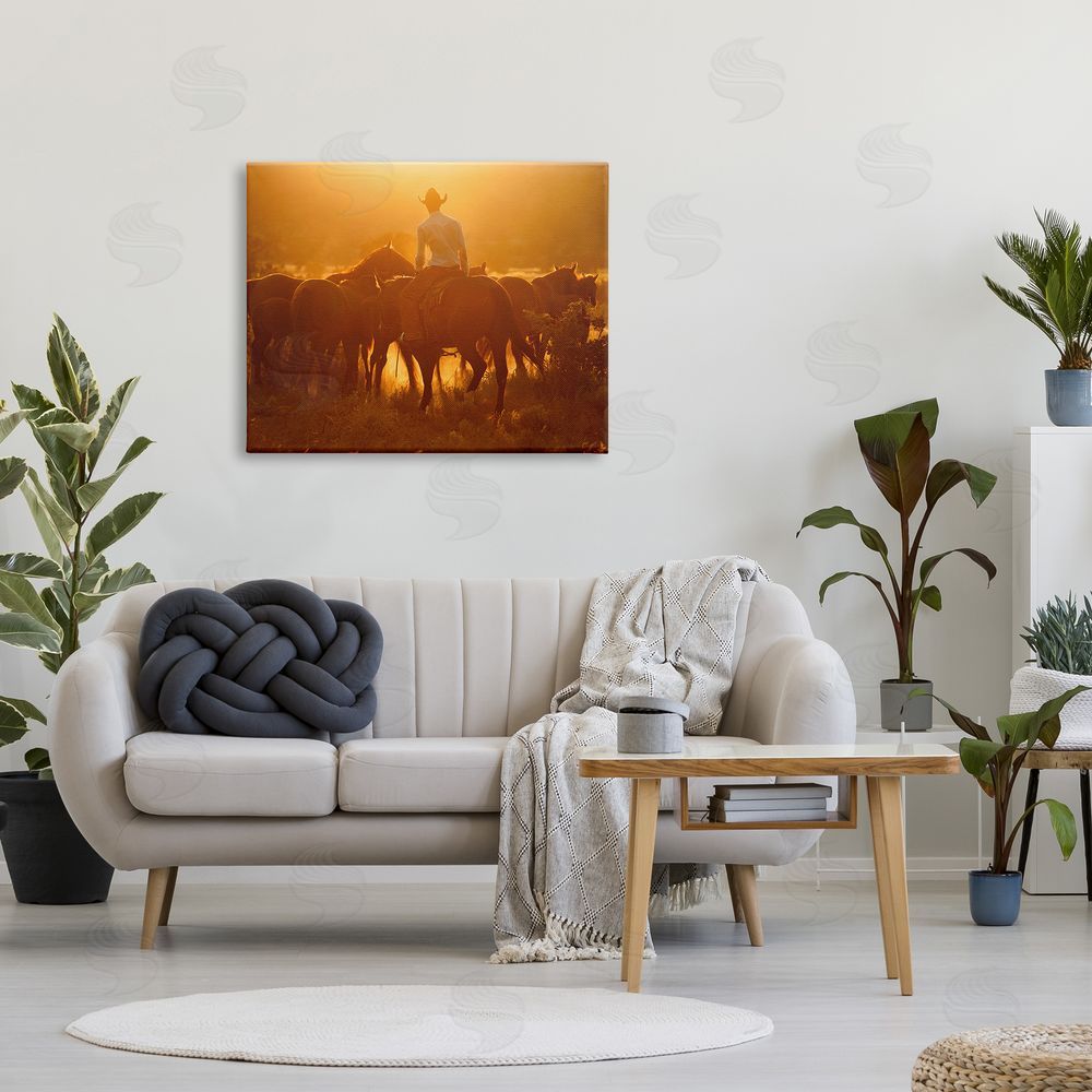 Lisa Dearing Warm Sunlit Cowboy Riding Horse Rural Ranch  Canvas Wall Art Print in Room