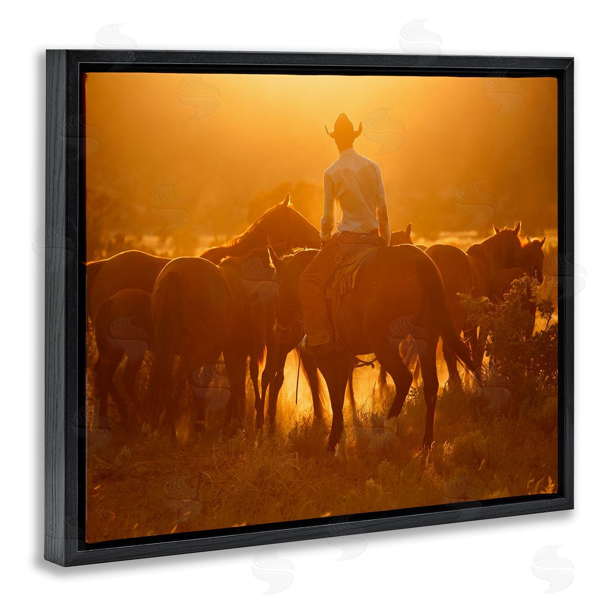 Lisa Dearing Warm Sunlit Cowboy Riding Horse Rural Ranch  Black Floating Frame Canvas Wall Art Print