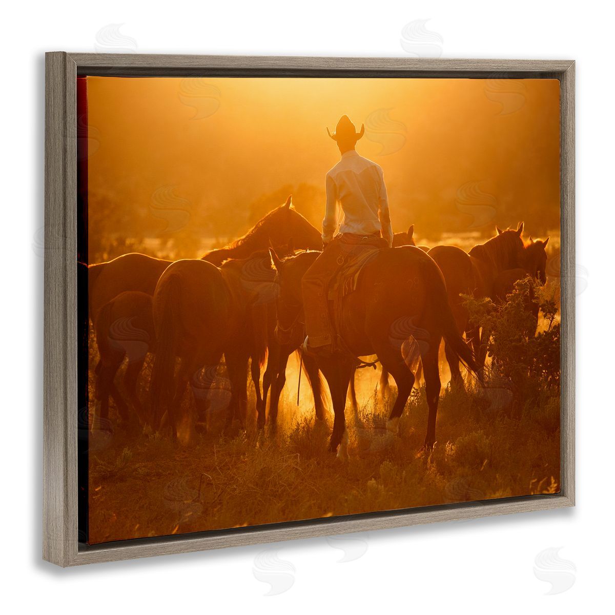 Lisa Dearing Warm Sunlit Cowboy Riding Horse Rural Ranch  Brown Floating Frame Canvas Wall Art Print