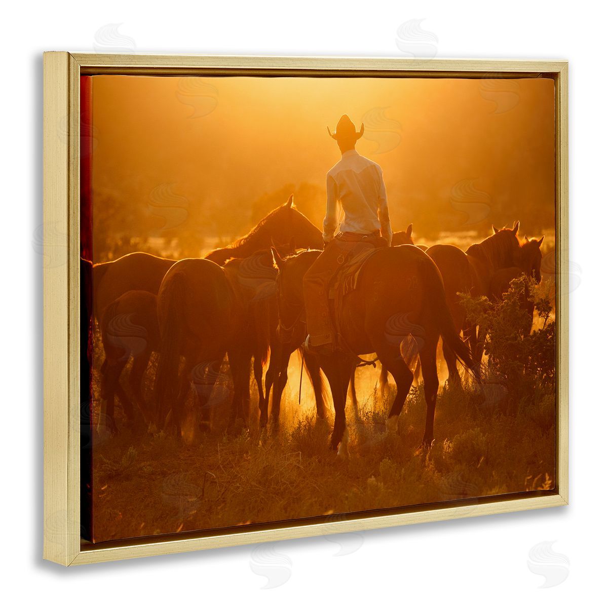 Lisa Dearing Warm Sunlit Cowboy Riding Horse Rural Ranch  Gold Floating Frame Canvas Wall Art Print