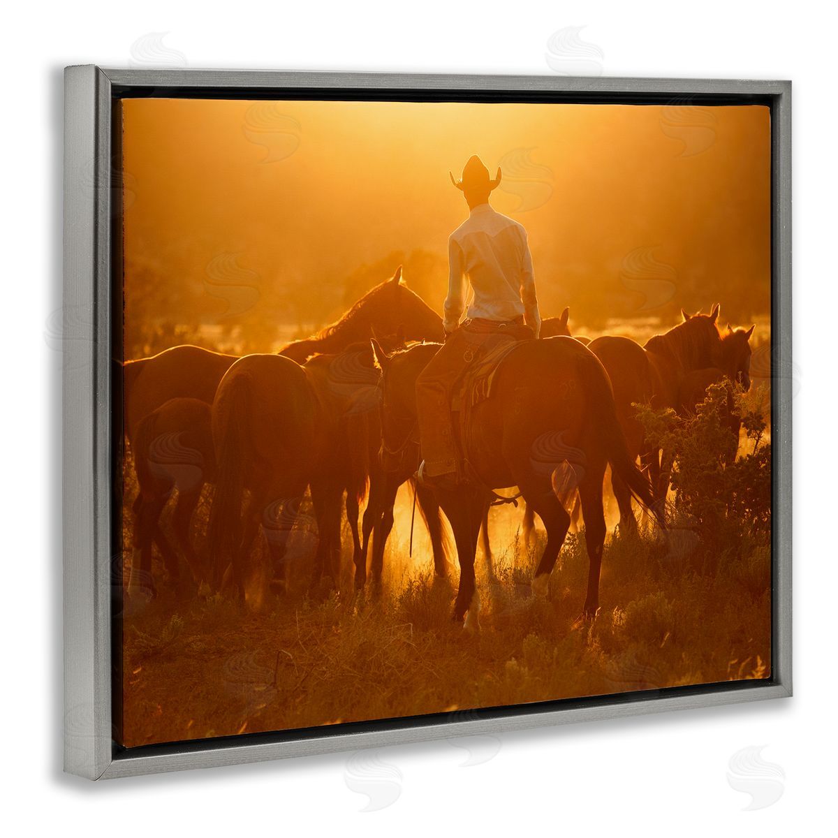 Lisa Dearing Warm Sunlit Cowboy Riding Horse Rural Ranch  Gray Floating Frame Canvas Wall Art Print
