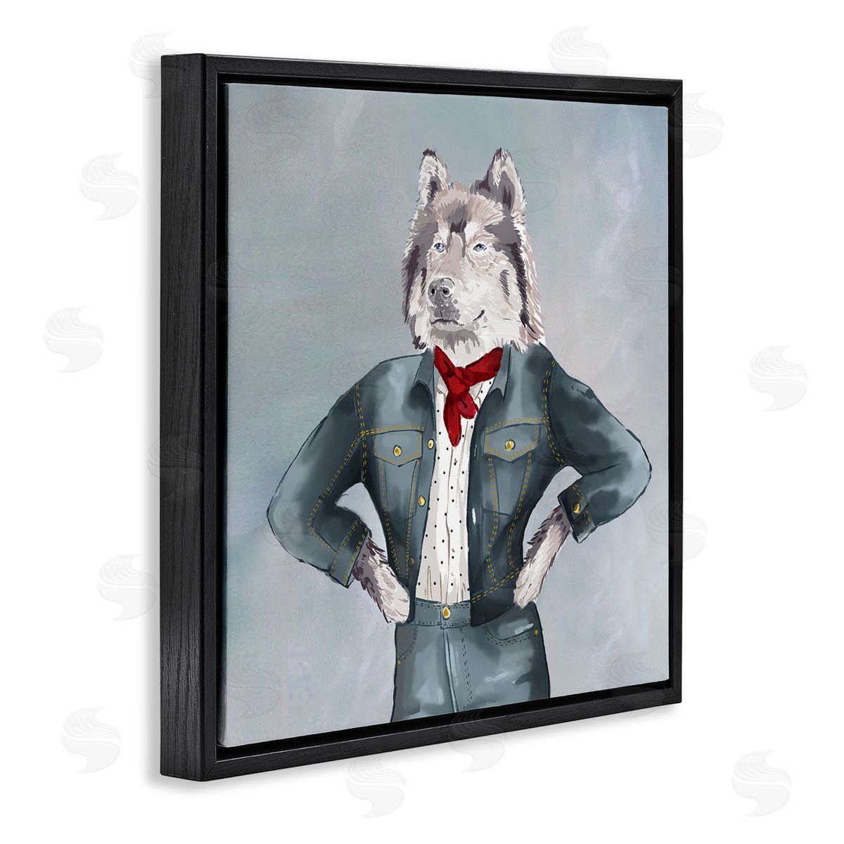House of Rose Trendy Wolf Stylish Denim Outfit Fashion Animal Black Floating Frame Canvas Wall Art Print