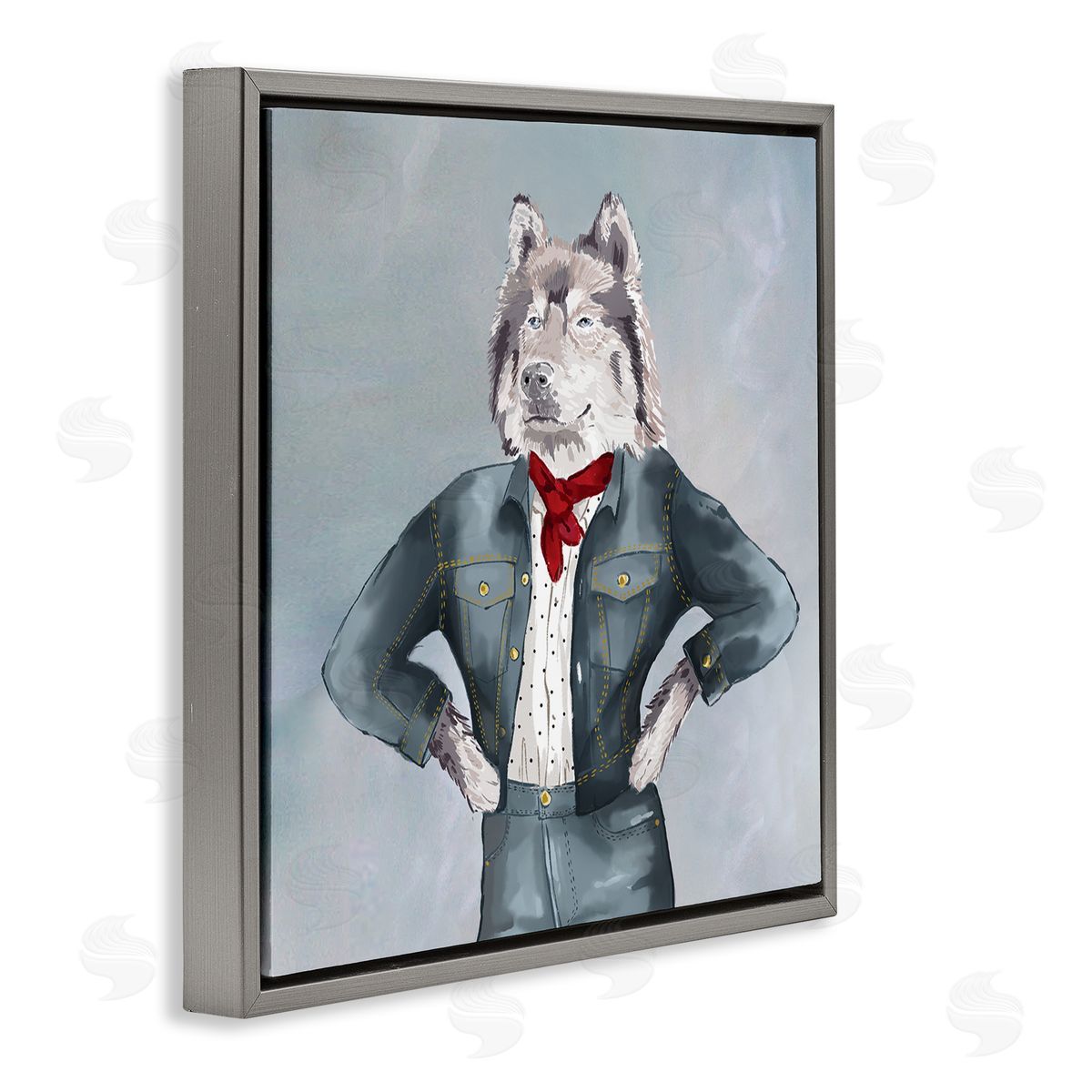 House of Rose Trendy Wolf Stylish Denim Outfit Fashion Animal Gray Floating Frame Canvas Wall Art Print