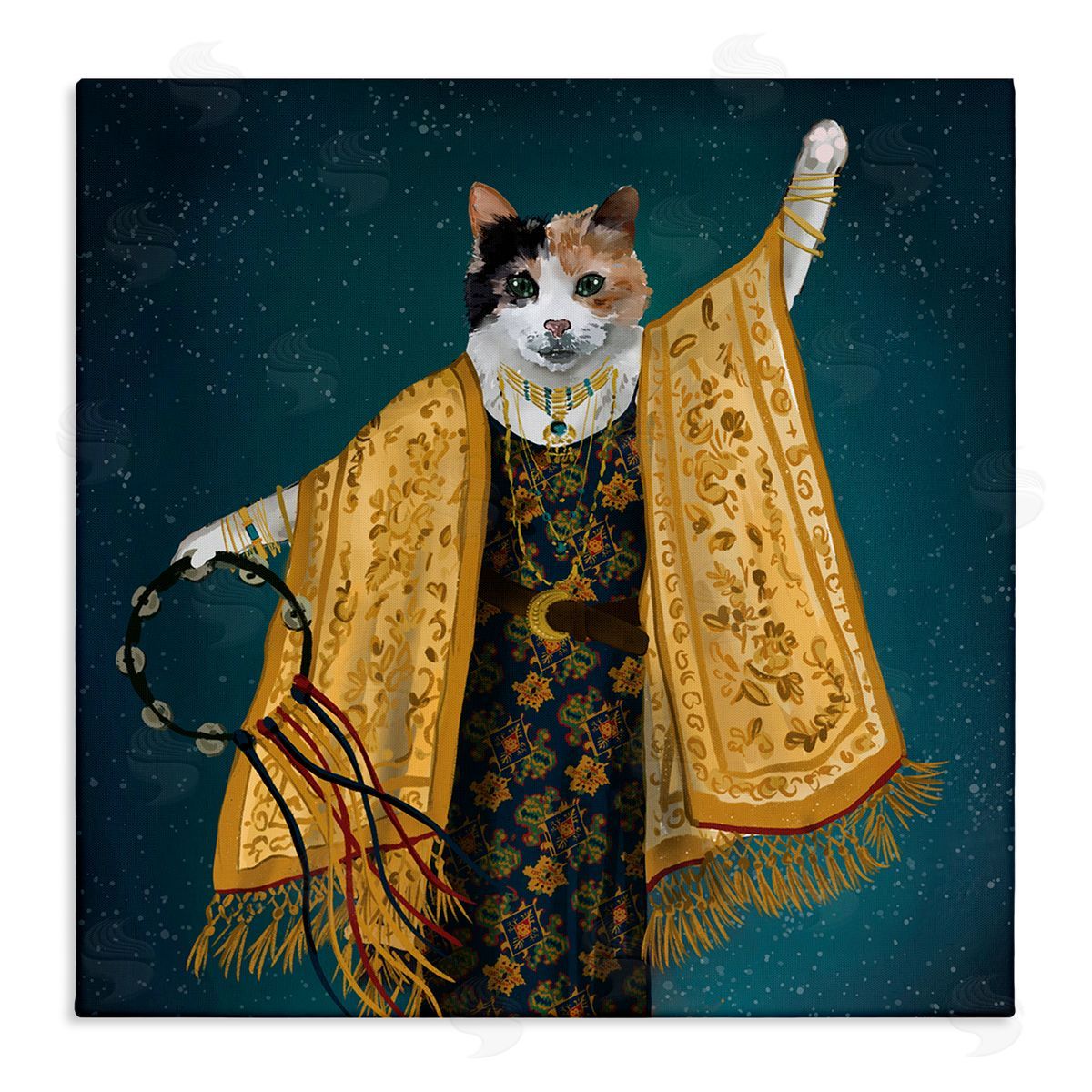 House of Rose Fashionable Cat Traditional Patterned Boho Clothing Portrait Stretched Canvas Wall Art Print