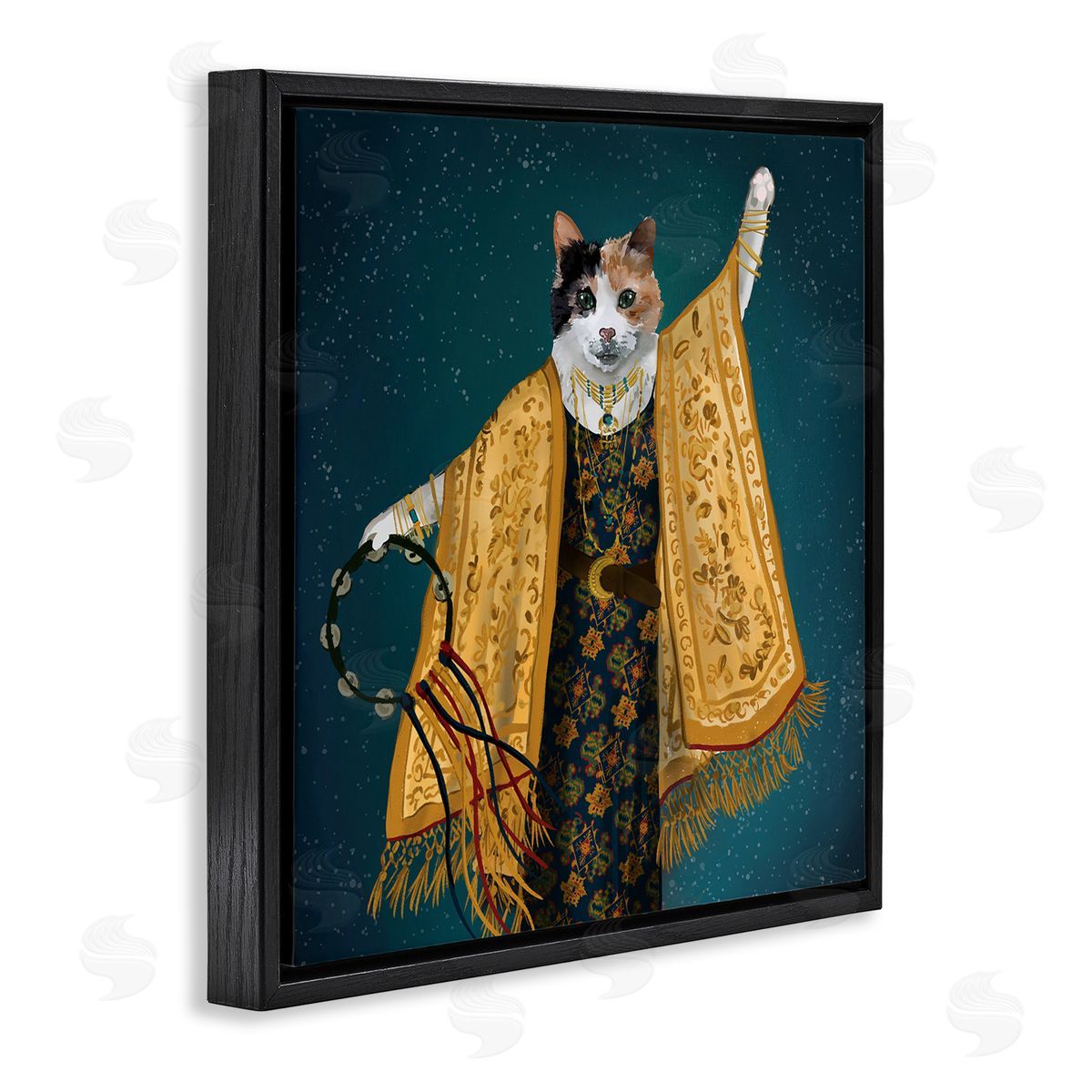 House of Rose Fashionable Cat Traditional Patterned Boho Clothing Portrait Black Floating Frame Canvas Wall Art Print