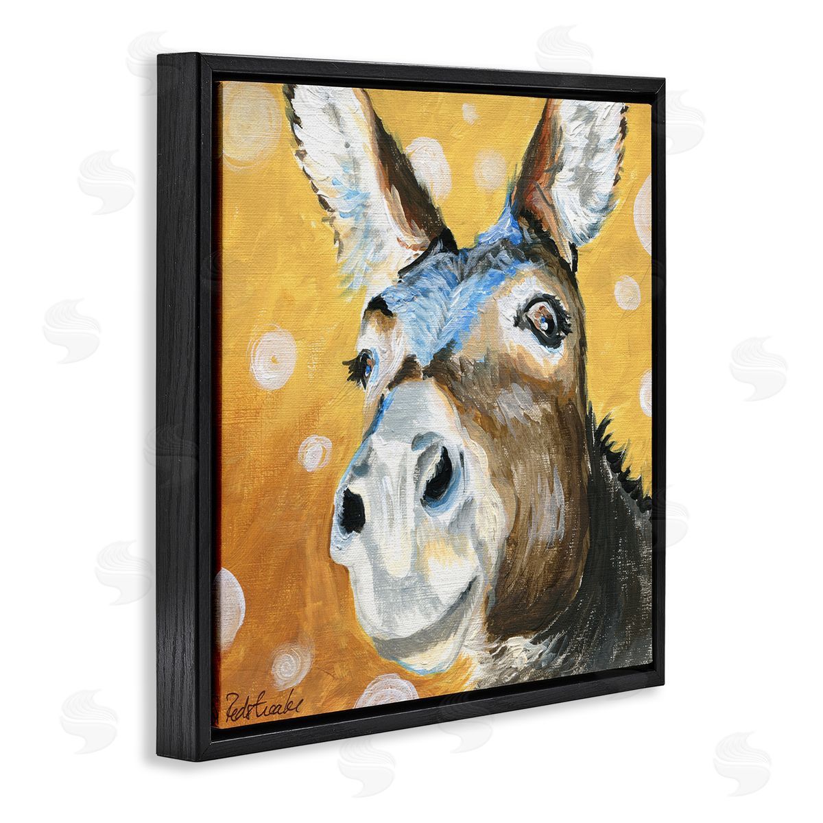 Jennifer Redstreake Smiling Donkey Animal Painting Casual Circle Pattern Black Floating Frame Canvas Wall Art Print