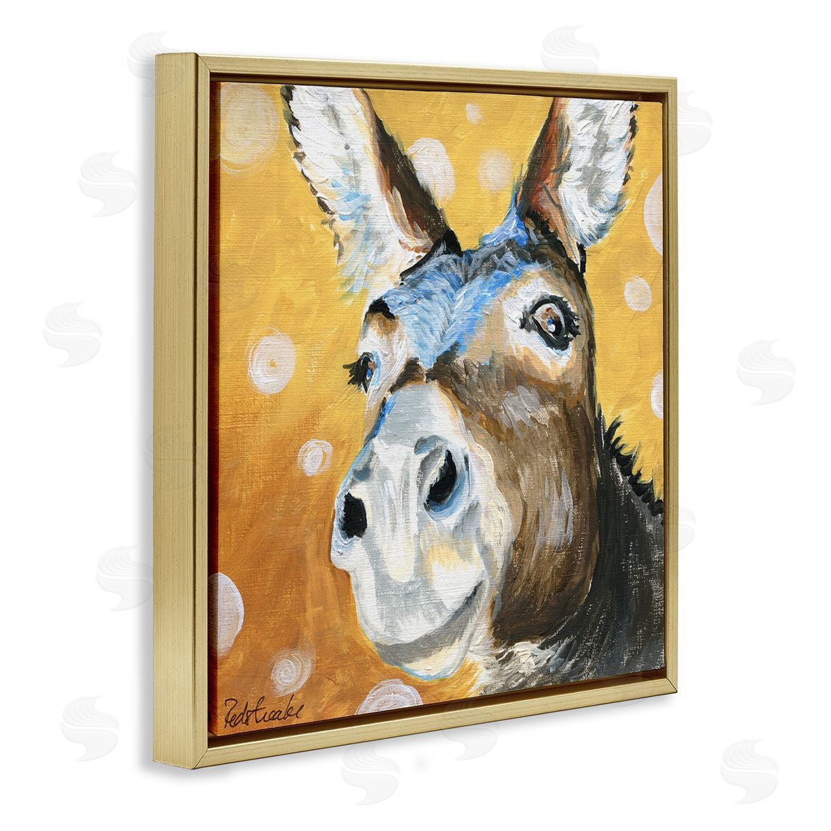 Jennifer Redstreake Smiling Donkey Animal Painting Casual Circle Pattern Gold Floating Frame Canvas Wall Art Print