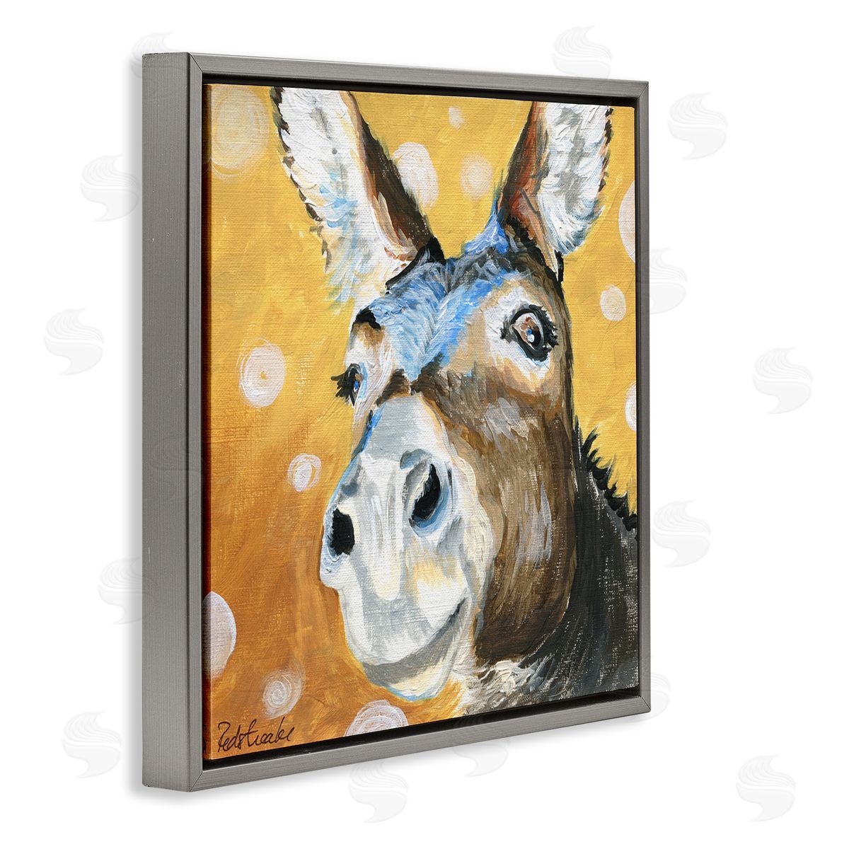 Jennifer Redstreake Smiling Donkey Animal Painting Casual Circle Pattern Gray Floating Frame Canvas Wall Art Print