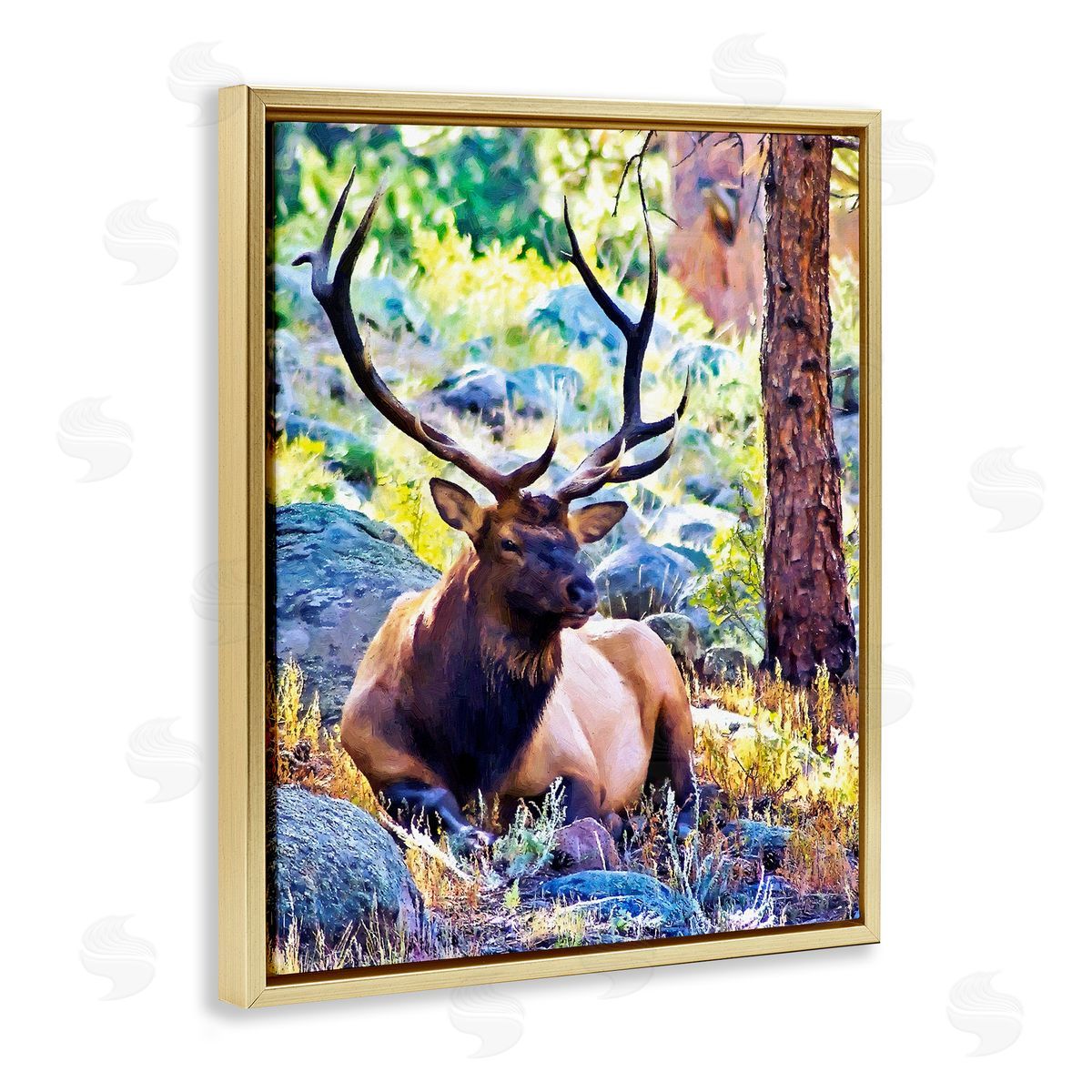 Alpenglow Workshop Stag Deer Resting Amid Forest Trees Natural Wildlife  Gold Floating Frame Canvas Wall Art Print