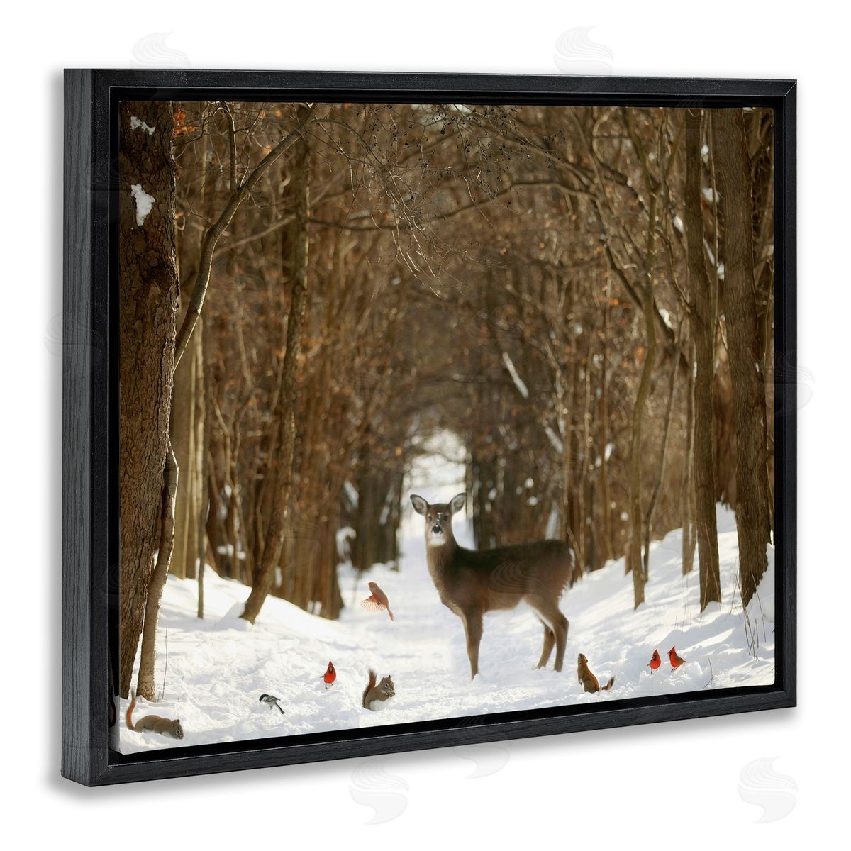 Carrie Ann Grippo-Pike Wild Forest Animals Gathered Amidst Snowy Trees Black Floating Frame Canvas Wall Art Print