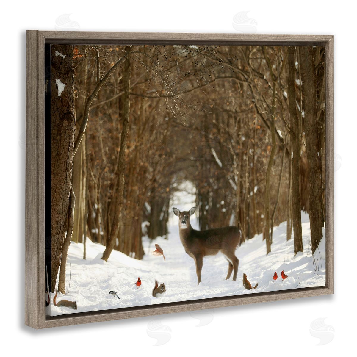 Carrie Ann Grippo-Pike Wild Forest Animals Gathered Amidst Snowy Trees Brown Floating Frame Canvas Wall Art Print