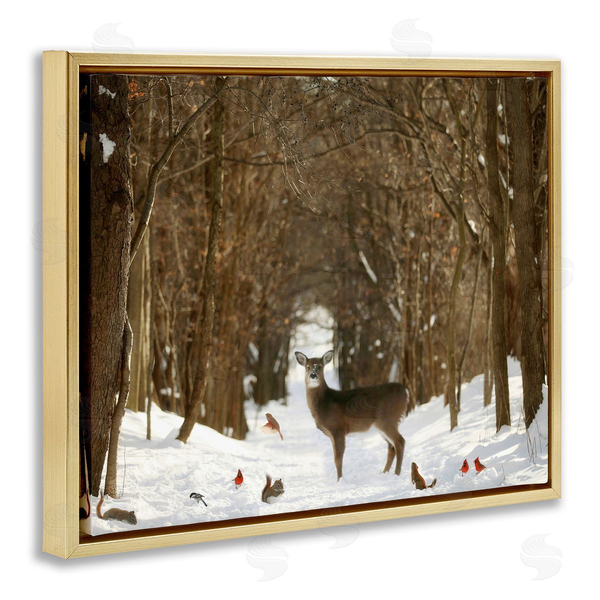 Carrie Ann Grippo-Pike Wild Forest Animals Gathered Amidst Snowy Trees Gold Floating Frame Canvas Wall Art Print