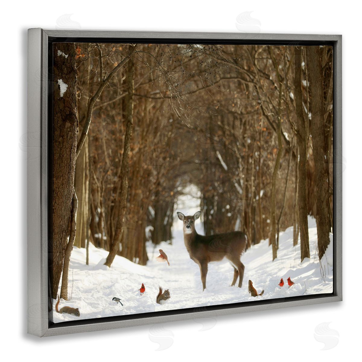 Carrie Ann Grippo-Pike Wild Forest Animals Gathered Amidst Snowy Trees Gray Floating Frame Canvas Wall Art Print