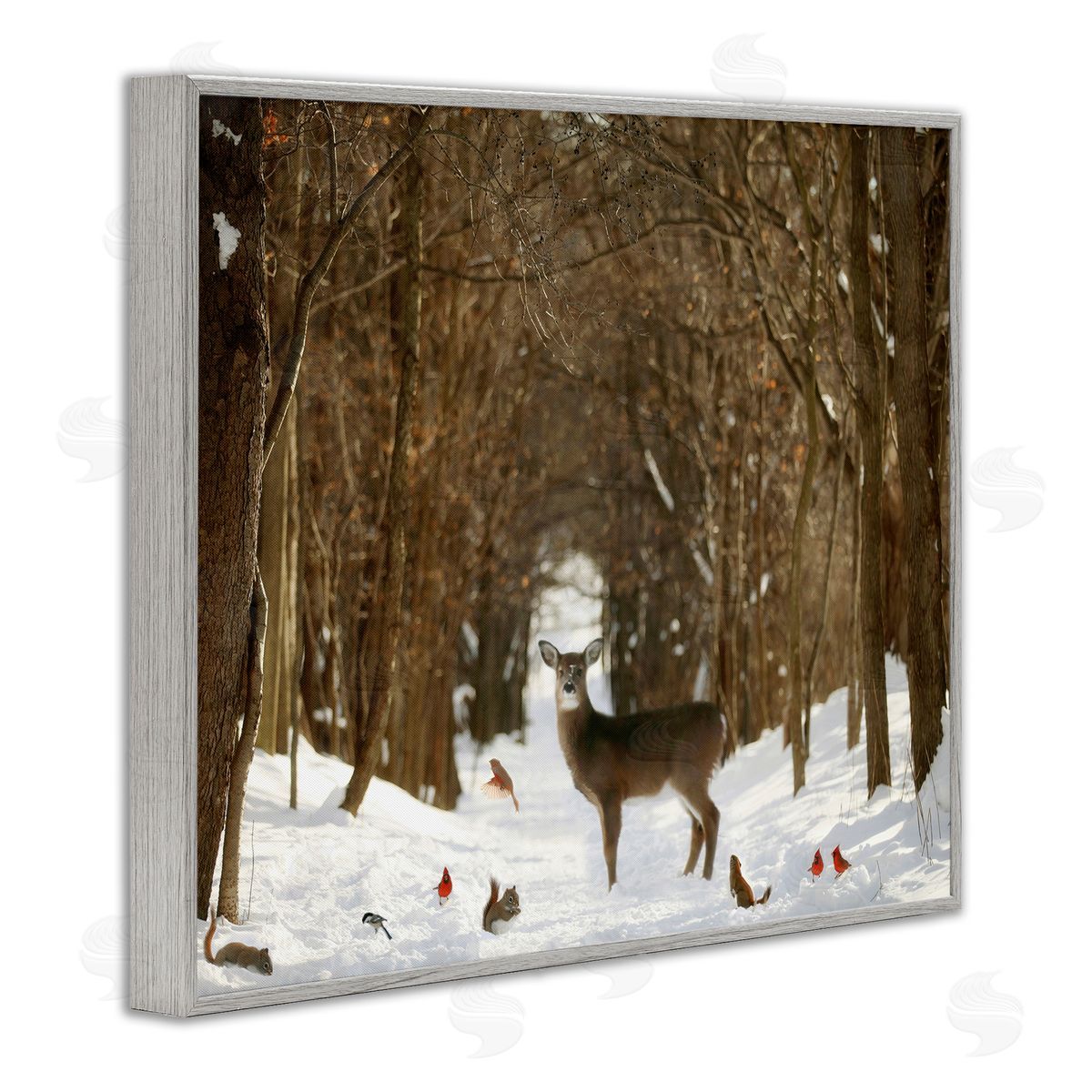 Carrie Ann Grippo-Pike Wild Forest Animals Gathered Amidst Snowy Trees Gray Framed Giclee Wall Art Print