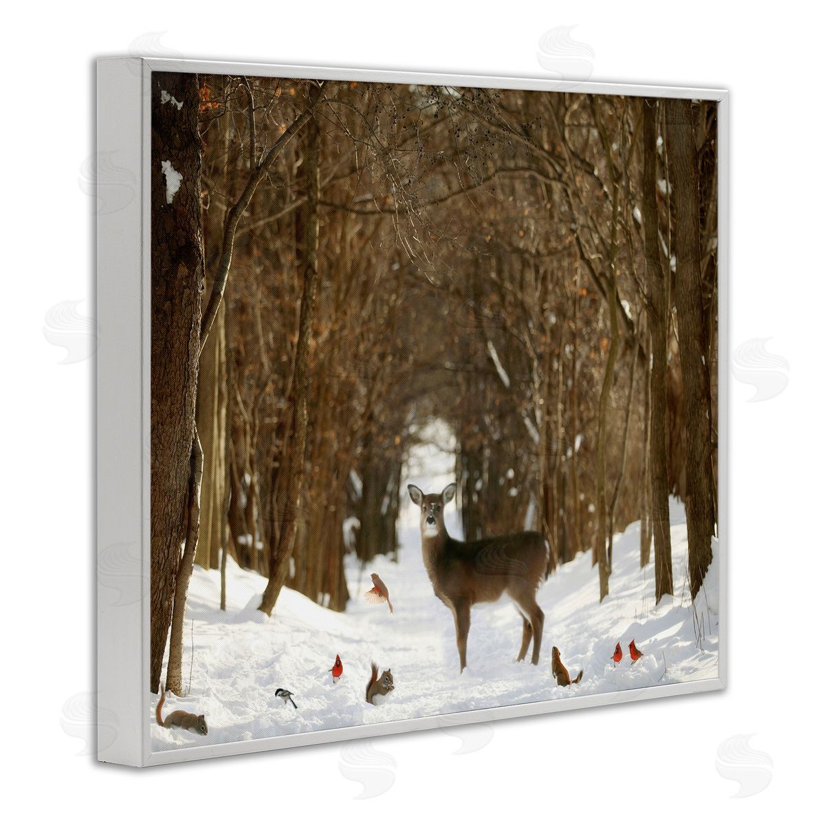 Carrie Ann Grippo-Pike Wild Forest Animals Gathered Amidst Snowy Trees White Framed Giclee Wall Art Print