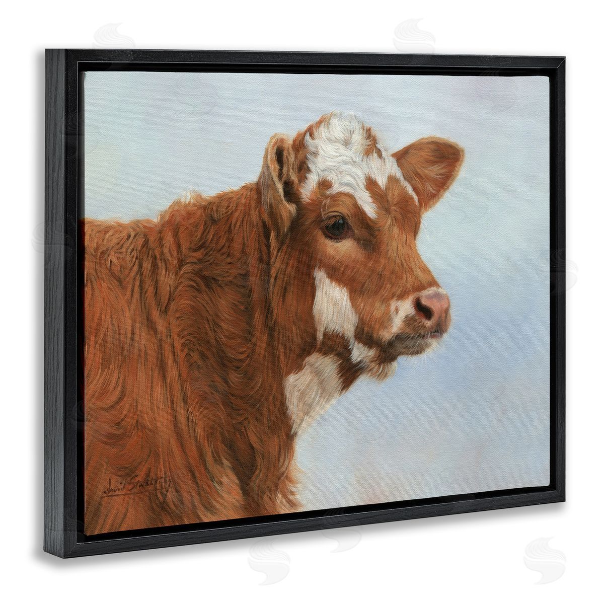 David Stribbling Brown Dairy Cow Detailed Farm Painting Black Floating Frame Canvas Wall Art Print