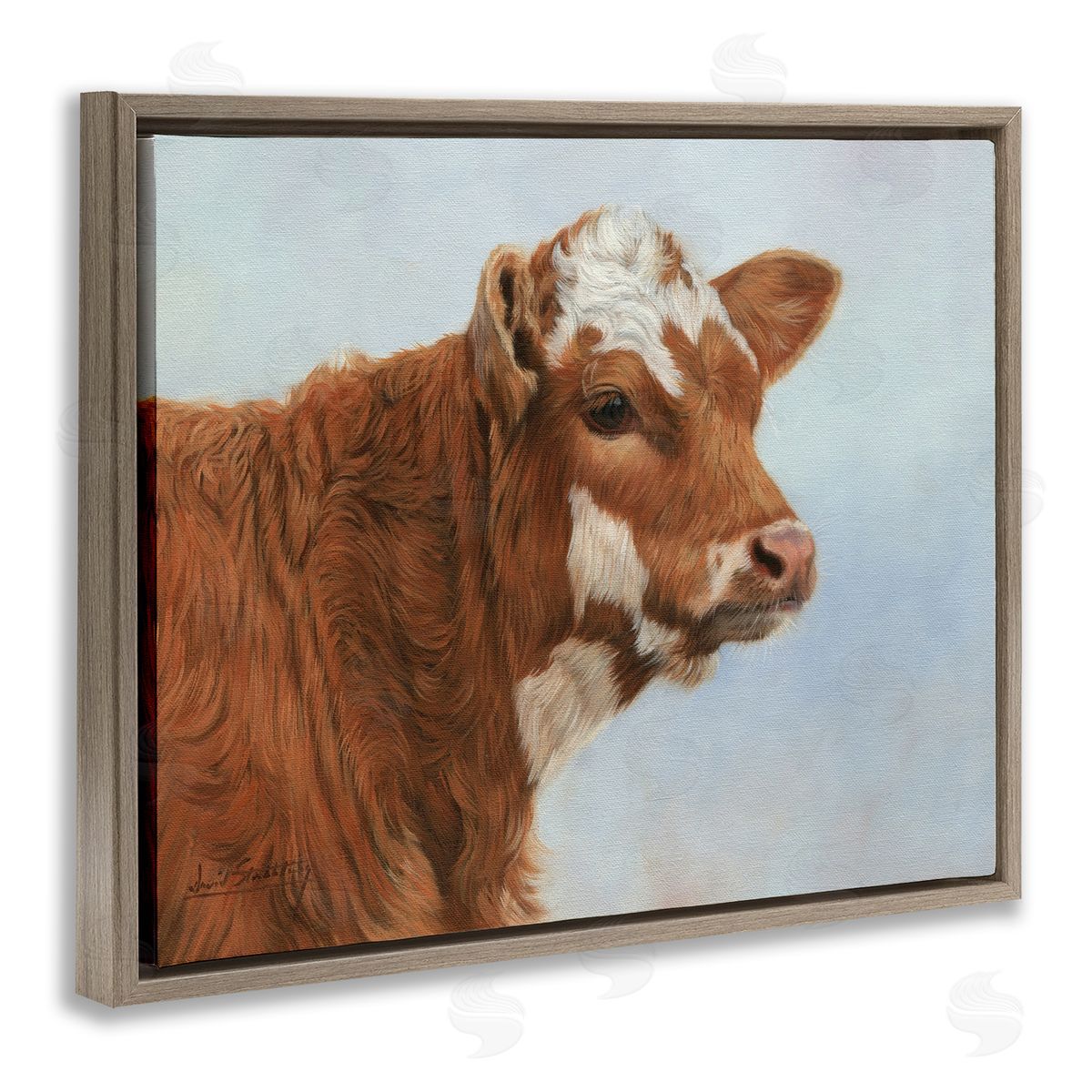 David Stribbling Brown Dairy Cow Detailed Farm Painting Brown Floating Frame Canvas Wall Art Print