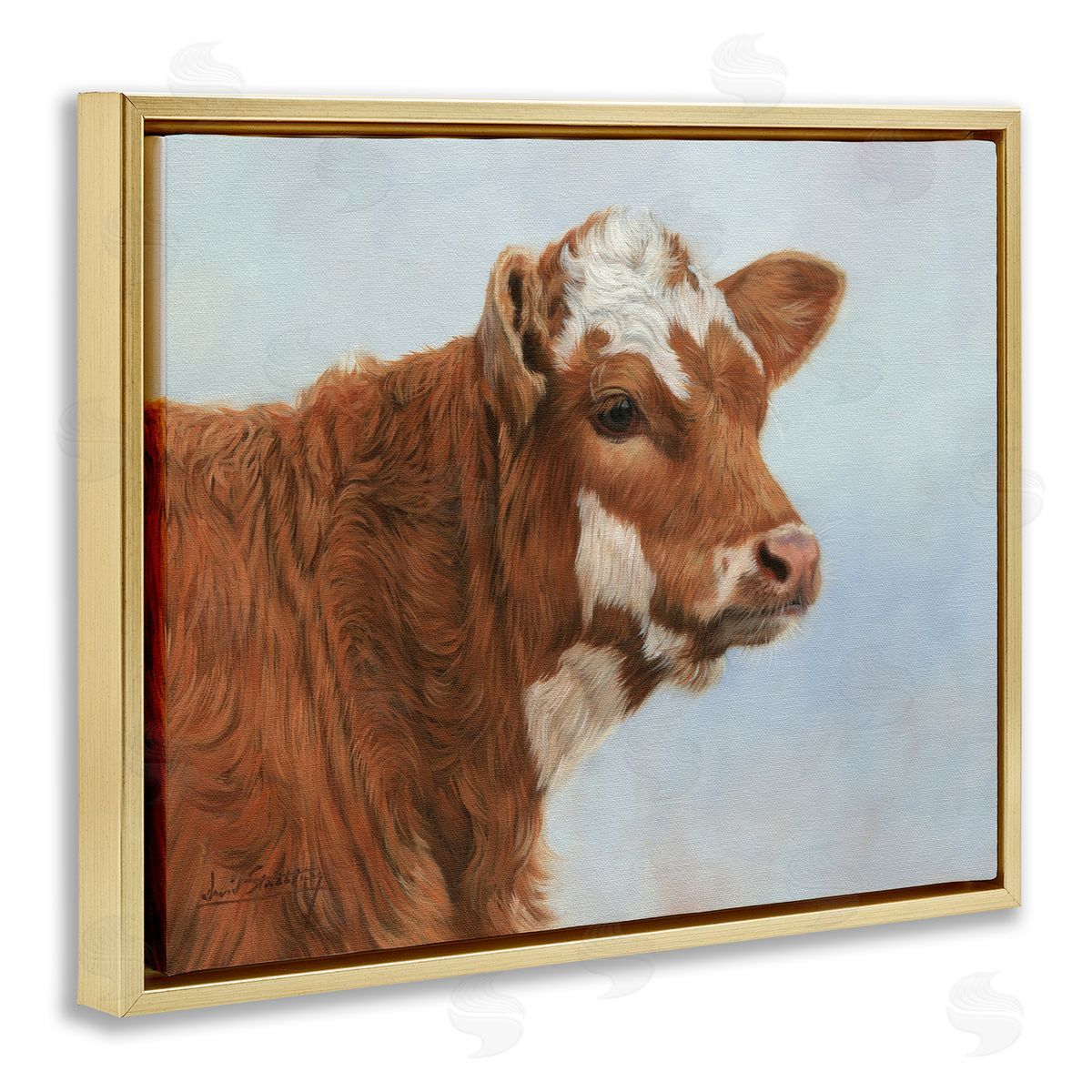 David Stribbling Brown Dairy Cow Detailed Farm Painting Gold Floating Frame Canvas Wall Art Print