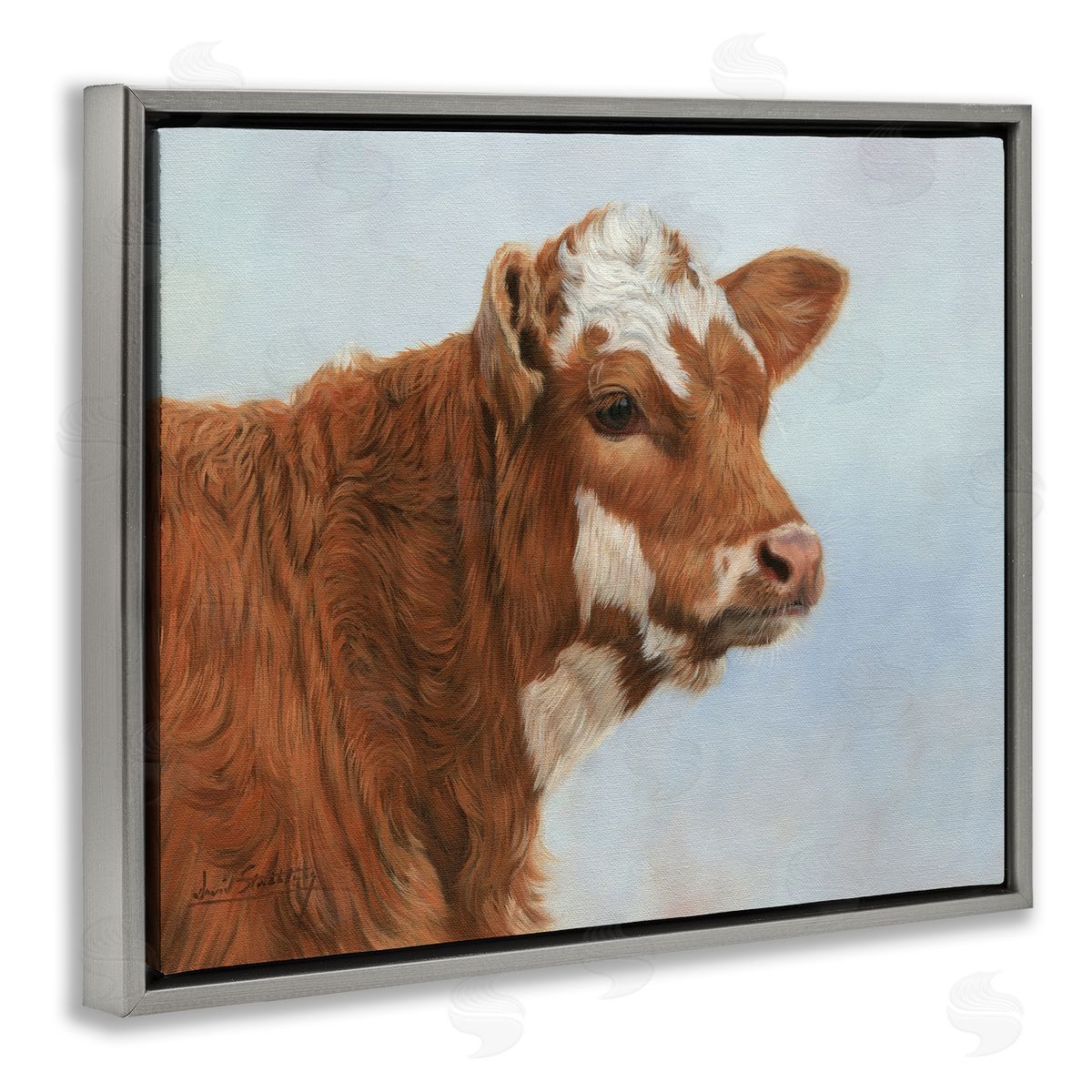 David Stribbling Brown Dairy Cow Detailed Farm Painting Gray Floating Frame Canvas Wall Art Print