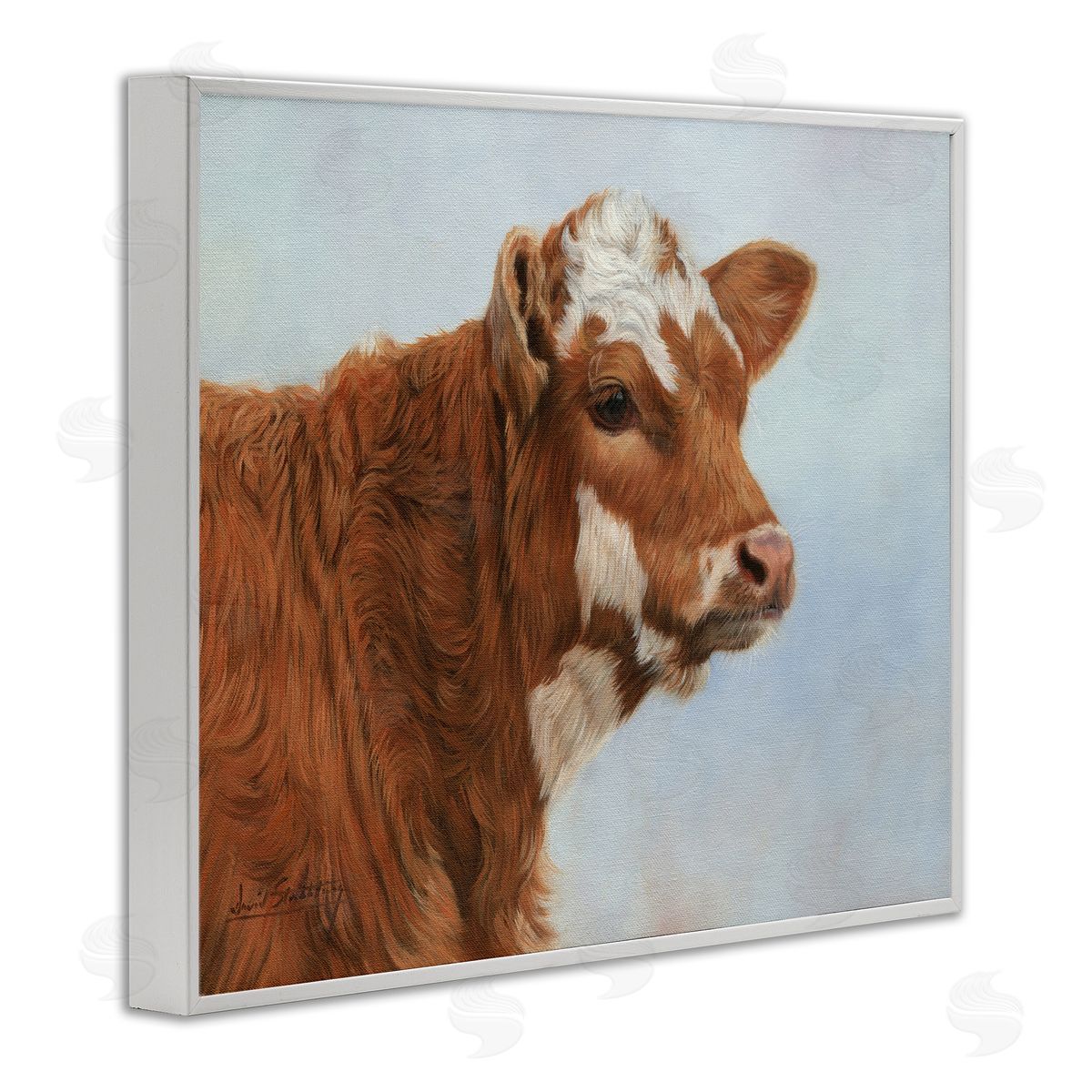 David Stribbling Brown Dairy Cow Detailed Farm Painting White Framed Giclee Wall Art Print
