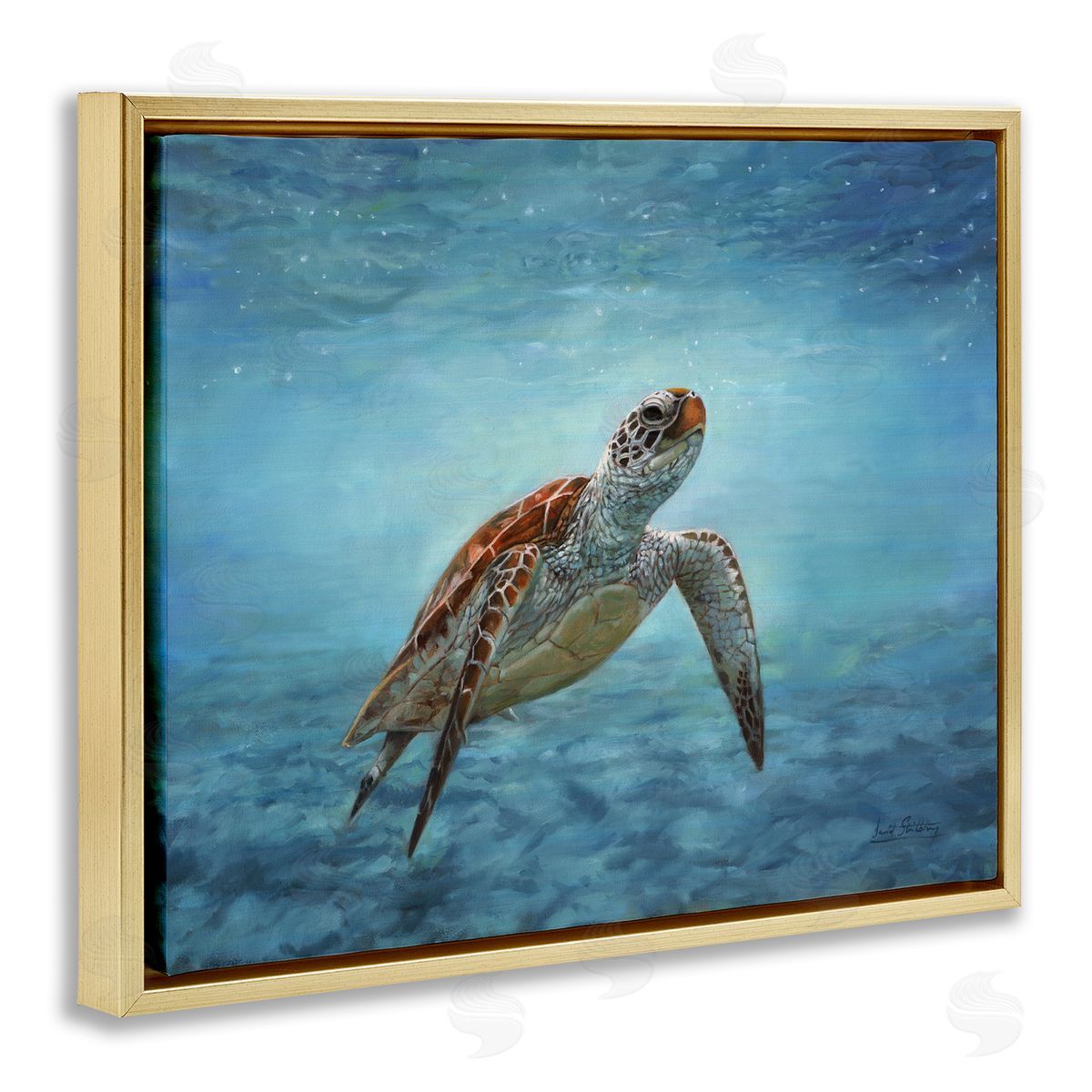 David Stribbling Sea Turtle Underwater Marine Scene Deep Ocean Water Gold Floating Frame Canvas Wall Art Print
