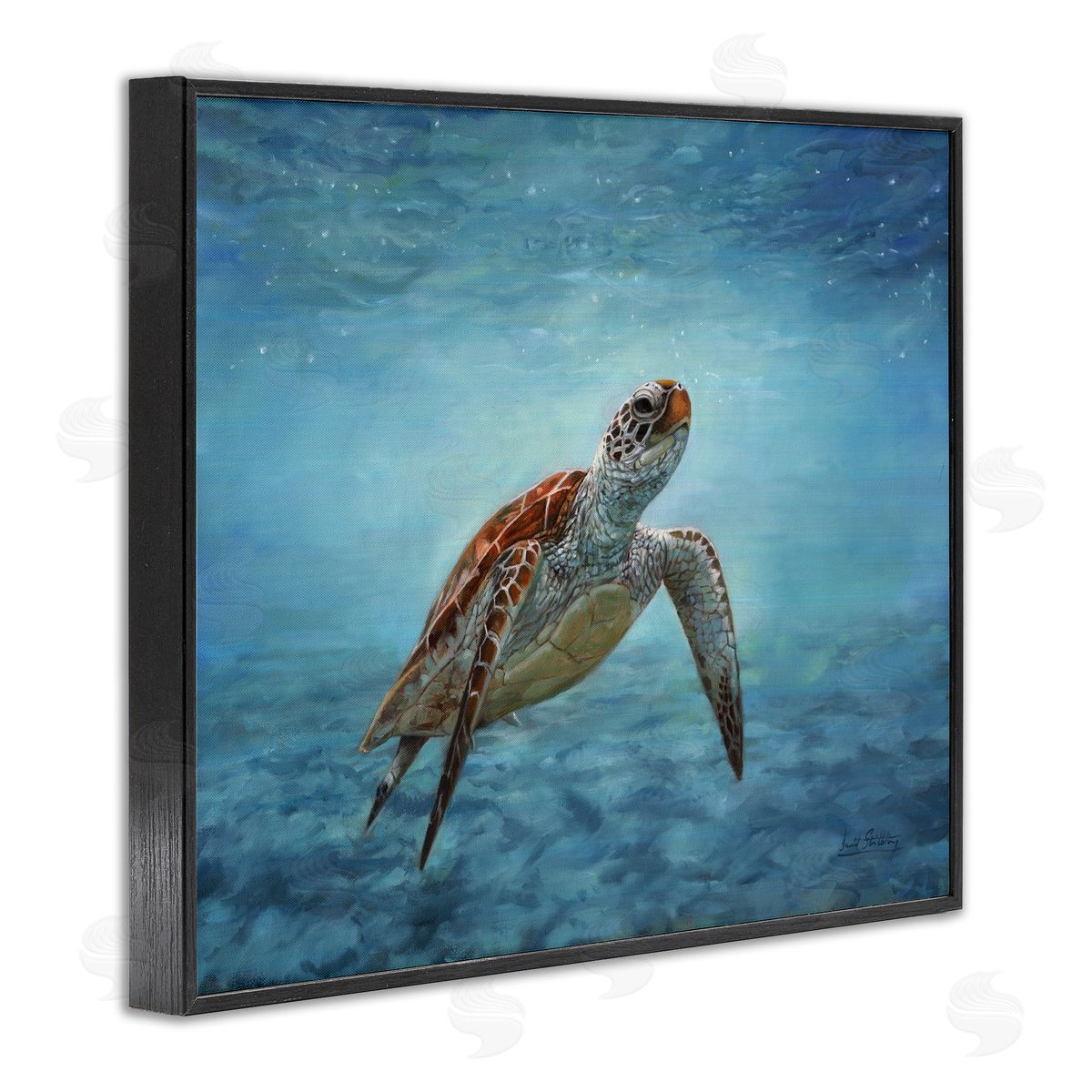 David Stribbling Sea Turtle Underwater Marine Scene Deep Ocean Water Black Framed Giclee Wall Art Print
