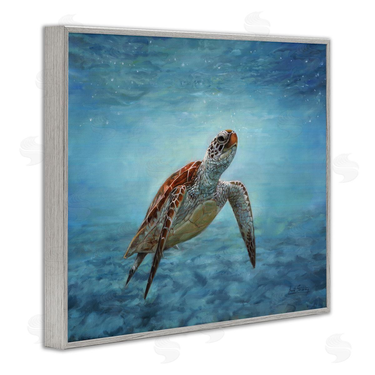 David Stribbling Sea Turtle Underwater Marine Scene Deep Ocean Water Gray Framed Giclee Wall Art Print