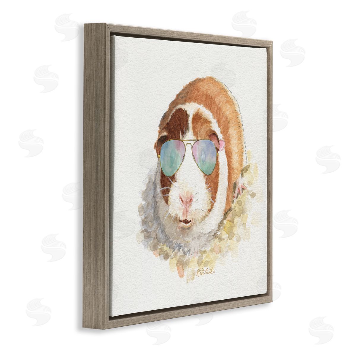 Jennifer Redstreake Happy Guinea Pig Wearing Sunglasses Cheerful Watercolor Detail Brown Floating Frame Canvas Wall Art Print