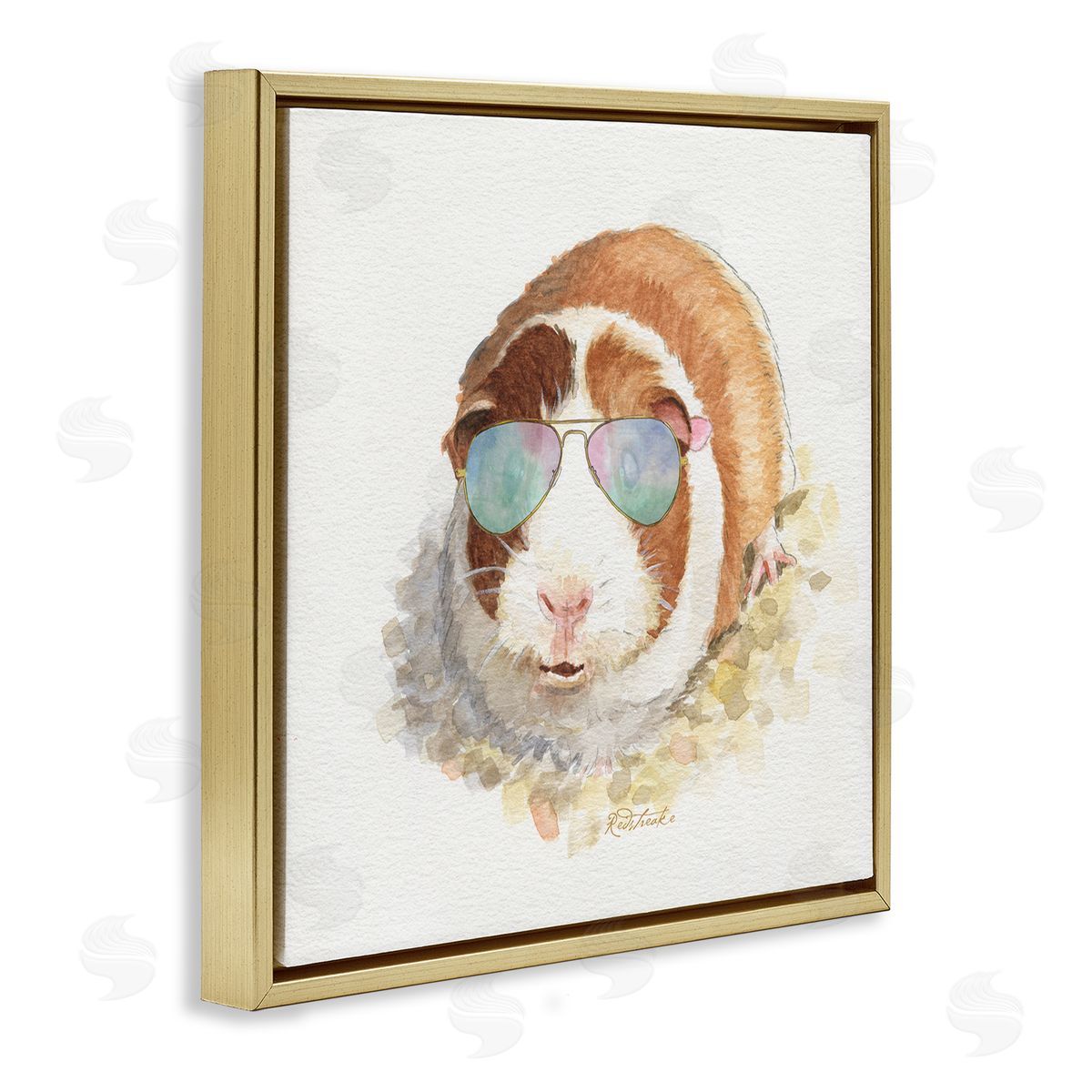 Jennifer Redstreake Happy Guinea Pig Wearing Sunglasses Cheerful Watercolor Detail Gold Floating Frame Canvas Wall Art Print
