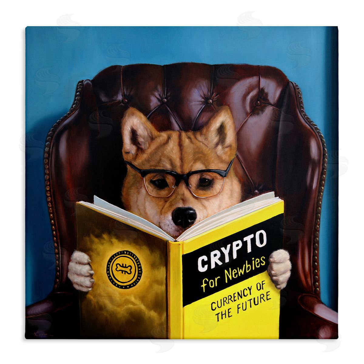 Lucia Heffernan Crypto For Newbies Funny Dog Reading Book Armchair  Stretched Canvas Wall Art Print