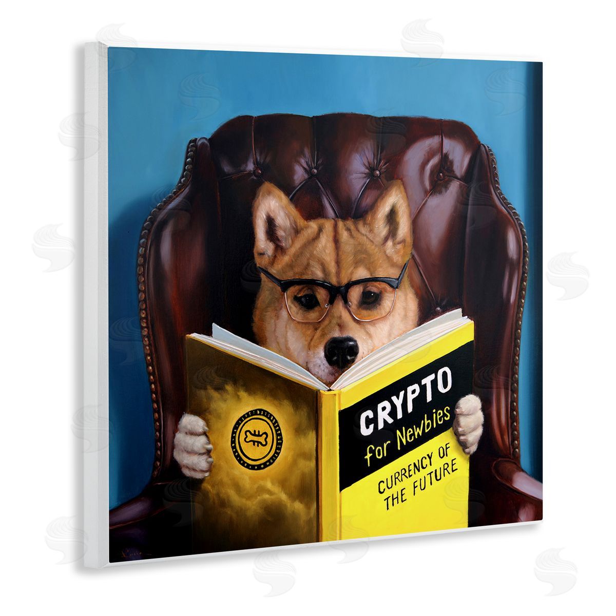 Lucia Heffernan Crypto For Newbies Funny Dog Reading Book Armchair  Wooden Wall Plaque Art Print
