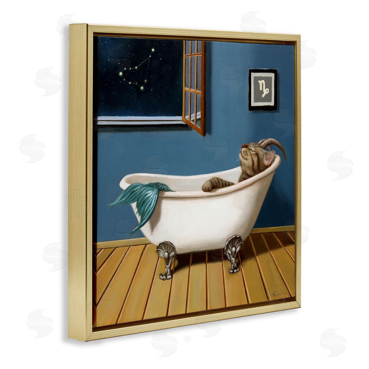 Lucia Heffernan Mystical Cat Mermaid Bath Capricorn Astrology Constellation Gold Floating Frame Canvas Wall Art Print