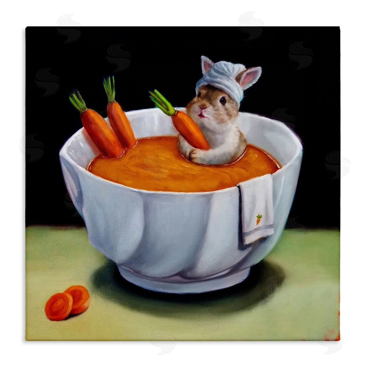 Lucia Heffernan Bunny Rabbit Carrot Vegetable Soup Bath Animal Portrait Stretched Canvas Wall Art Print