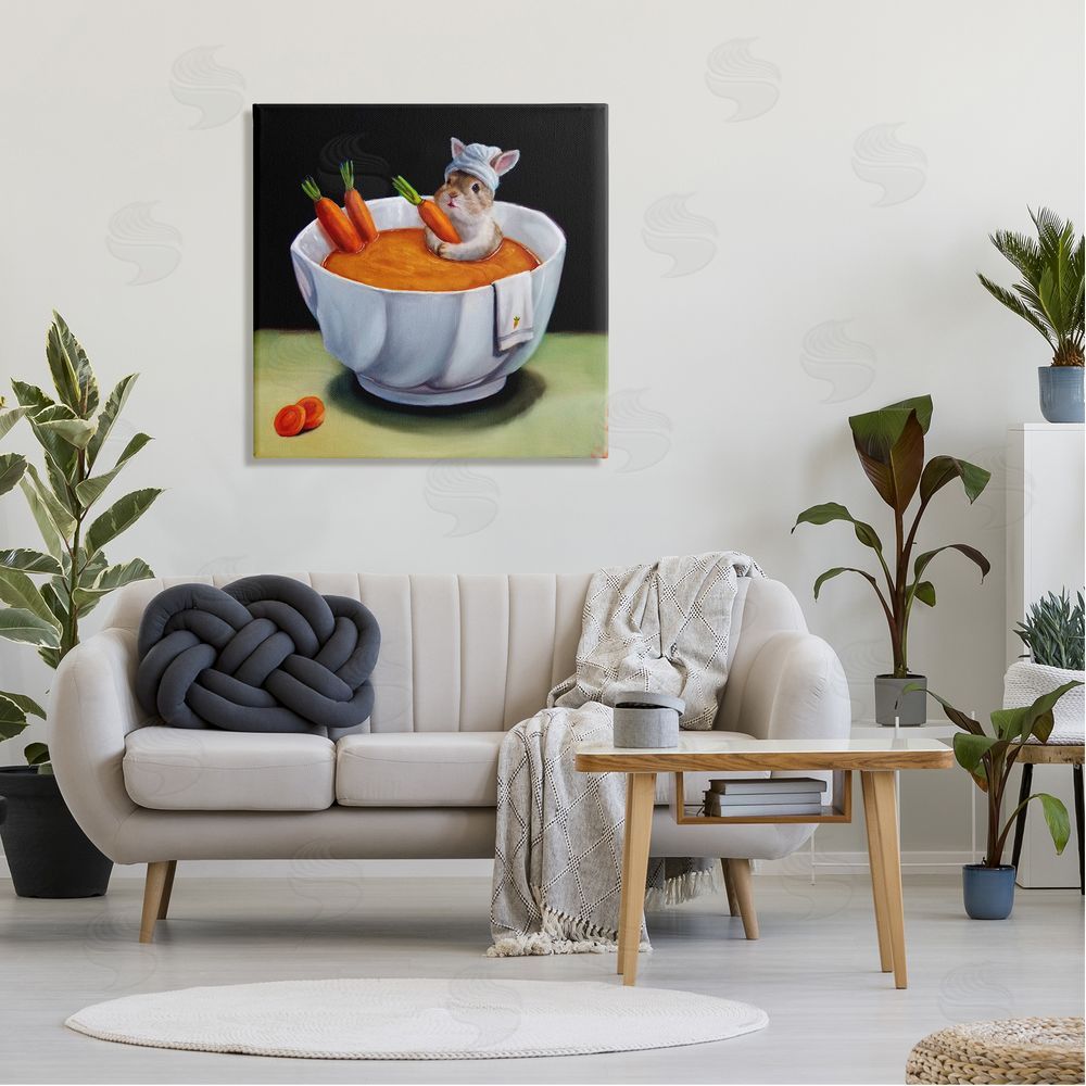 Lucia Heffernan Bunny Rabbit Carrot Vegetable Soup Bath Animal Portrait Canvas Wall Art in Room
