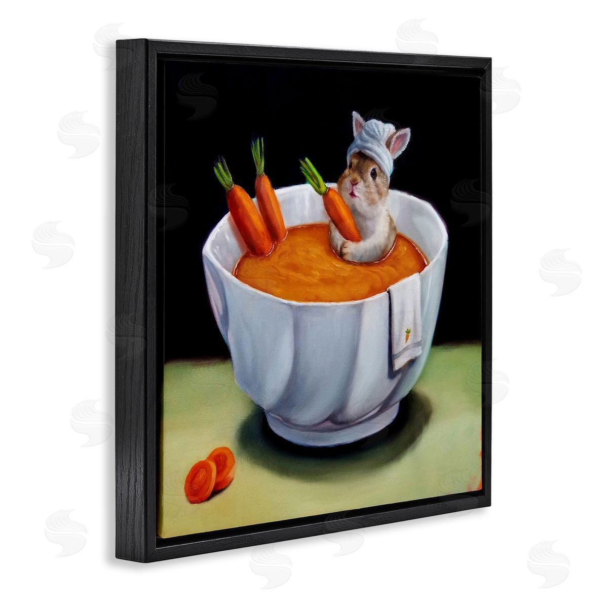Lucia Heffernan Bunny Rabbit Carrot Vegetable Soup Bath Animal Portrait Black Floating Frame Canvas Wall Art Print