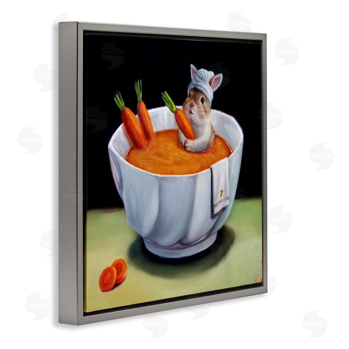 Lucia Heffernan Bunny Rabbit Carrot Vegetable Soup Bath Animal Portrait Gray Floating Frame Canvas Wall Art Print