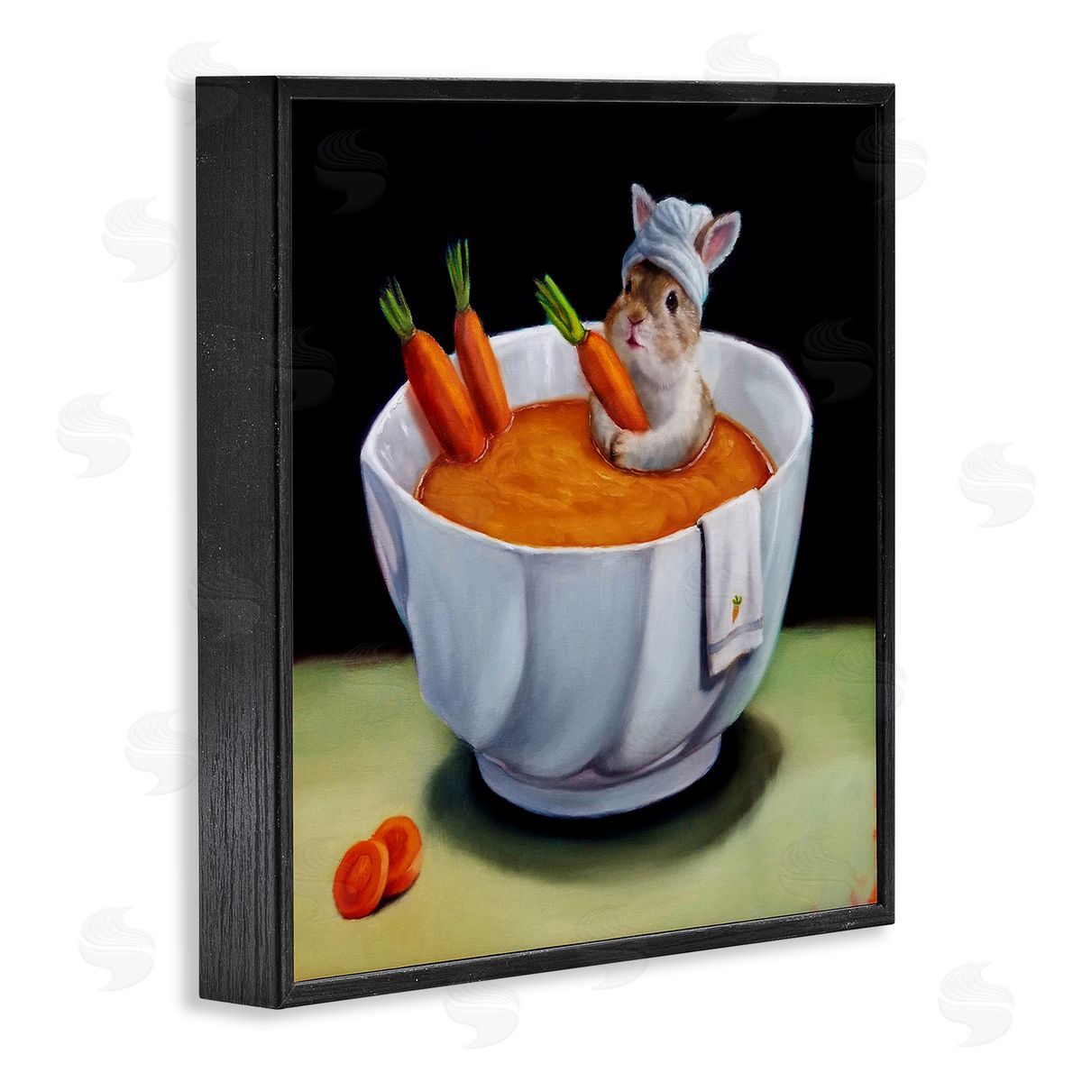 Lucia Heffernan Bunny Rabbit Carrot Vegetable Soup Bath Animal Portrait Black Framed Glicee Wall Art Print