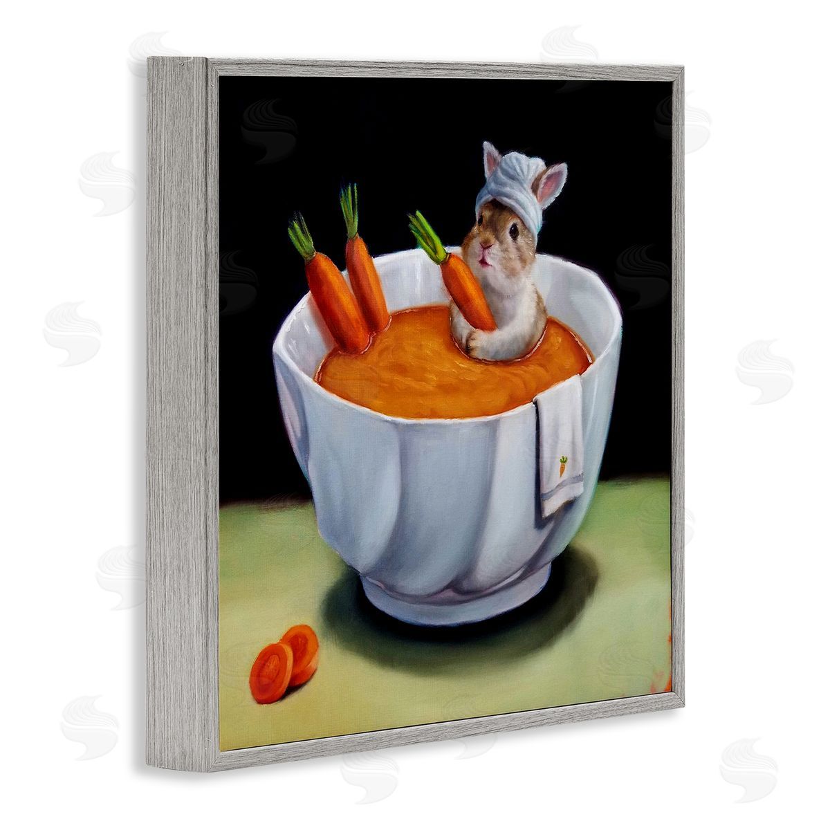 Lucia Heffernan Bunny Rabbit Carrot Vegetable Soup Bath Animal Portrait Gray Framed Glicee Wall Art Print