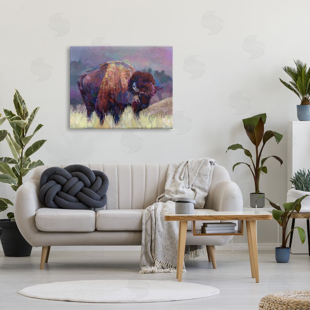 Robert Jackson Vibrant Bison Grazing Rural Meadow Purple Landscape Canvas Wall Art Print in Room